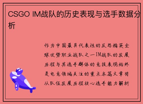 CSGO IM战队的历史表现与选手数据分析